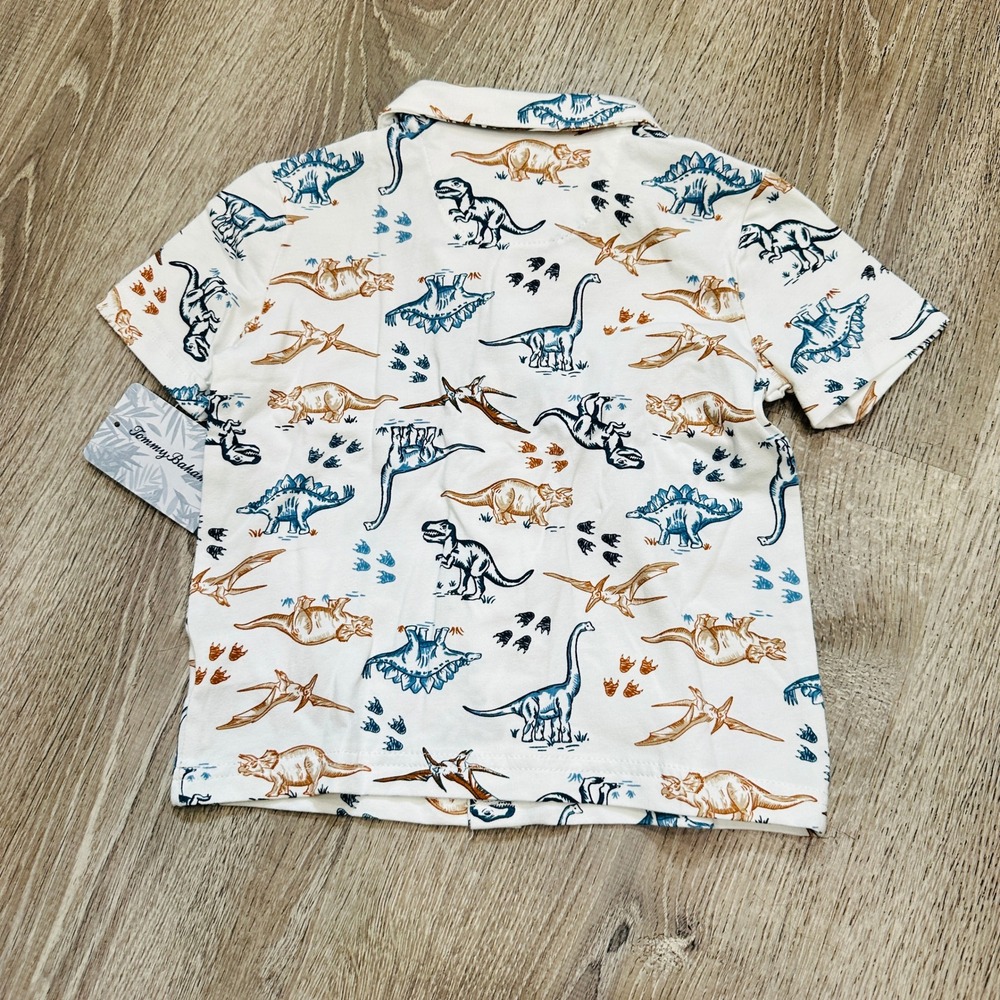 Tommy Bahama Kids Dinosaur Print Short Sleeve Button Down Shirt Cream 24M NEW